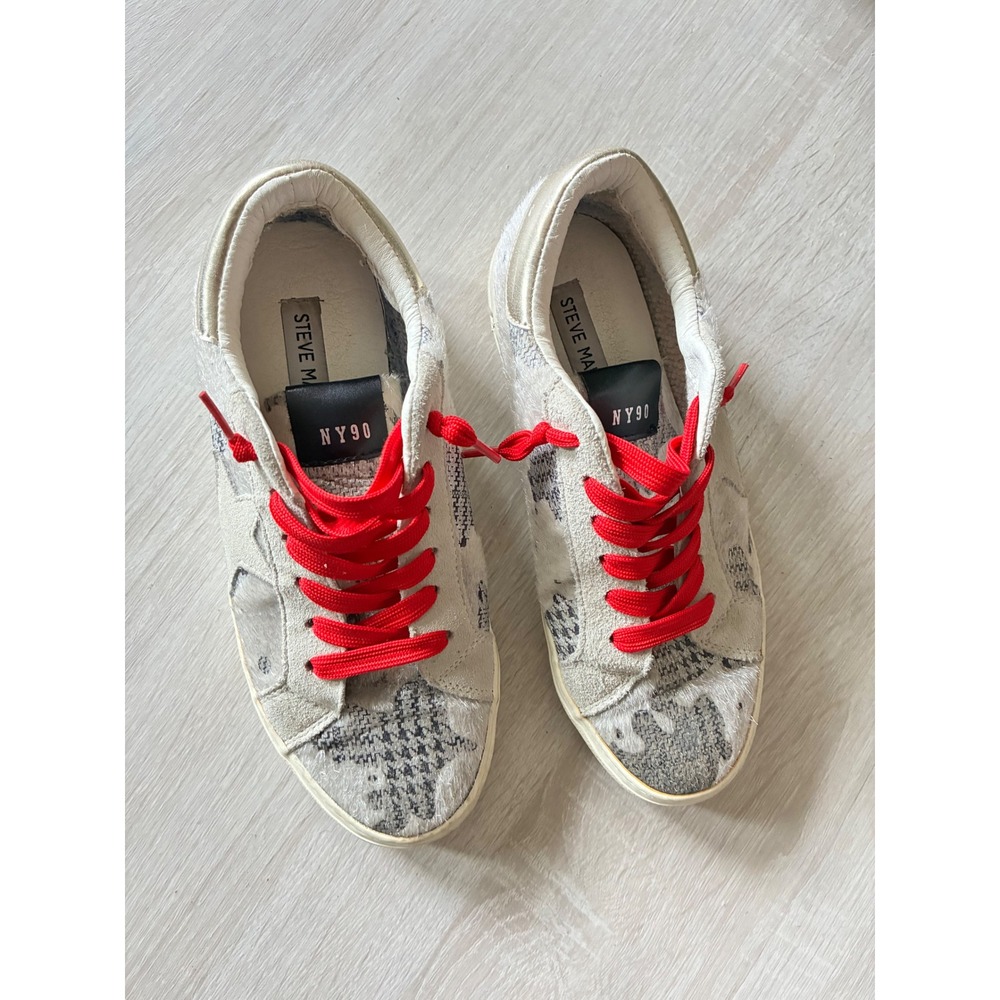 Steve Madden NY90 Womens Sneakers Grey Houndstooth Calf Hair Red Laces Star 7.5